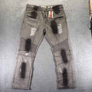 Lab Jeans Mens 38x30 Gray Cotton Denim Straight Leg Slim Biker Moto Distressed